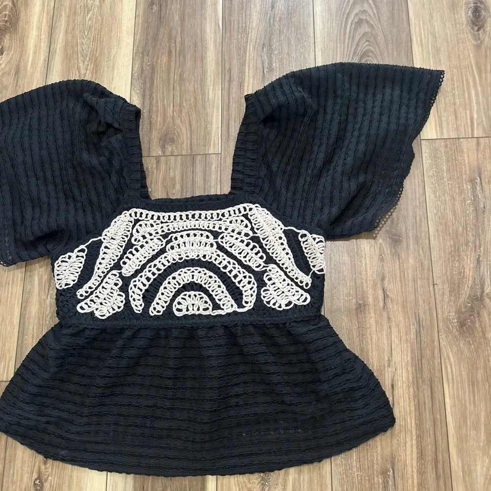 Anthropologie Black Top with Cream Crochet Inset